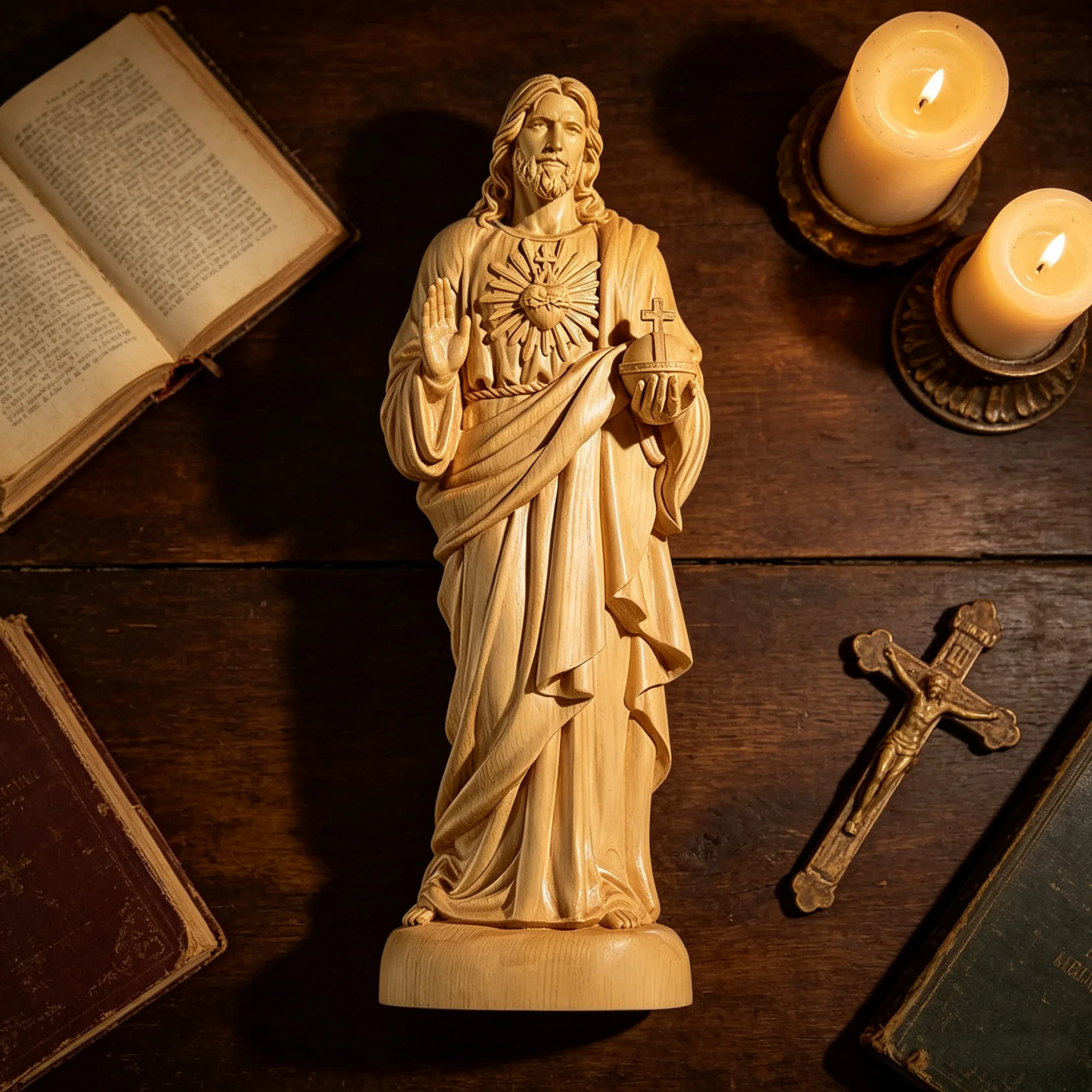 Hand‑Carved Light Wood Jesus Christ Sacred Heart Statue Blessing Gesture Holding Sovereign Orb Religious Sculpture Believer Pray