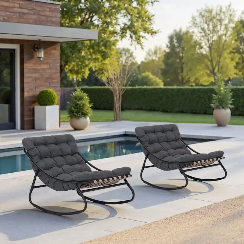 

Metal outdoor rocking chair Comfortable ergonomic back lounge chair Garden chair with grey cushion