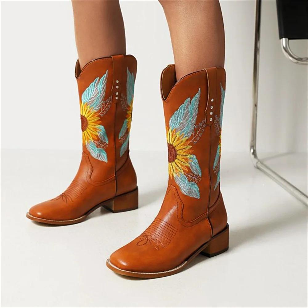 

AOSPHIRAYLIAN 2023 Sun Flower Embroidery Cowboy Western Mid-calf Boots For Women Sewing Floral Vintage Retro Round Toe Shoes