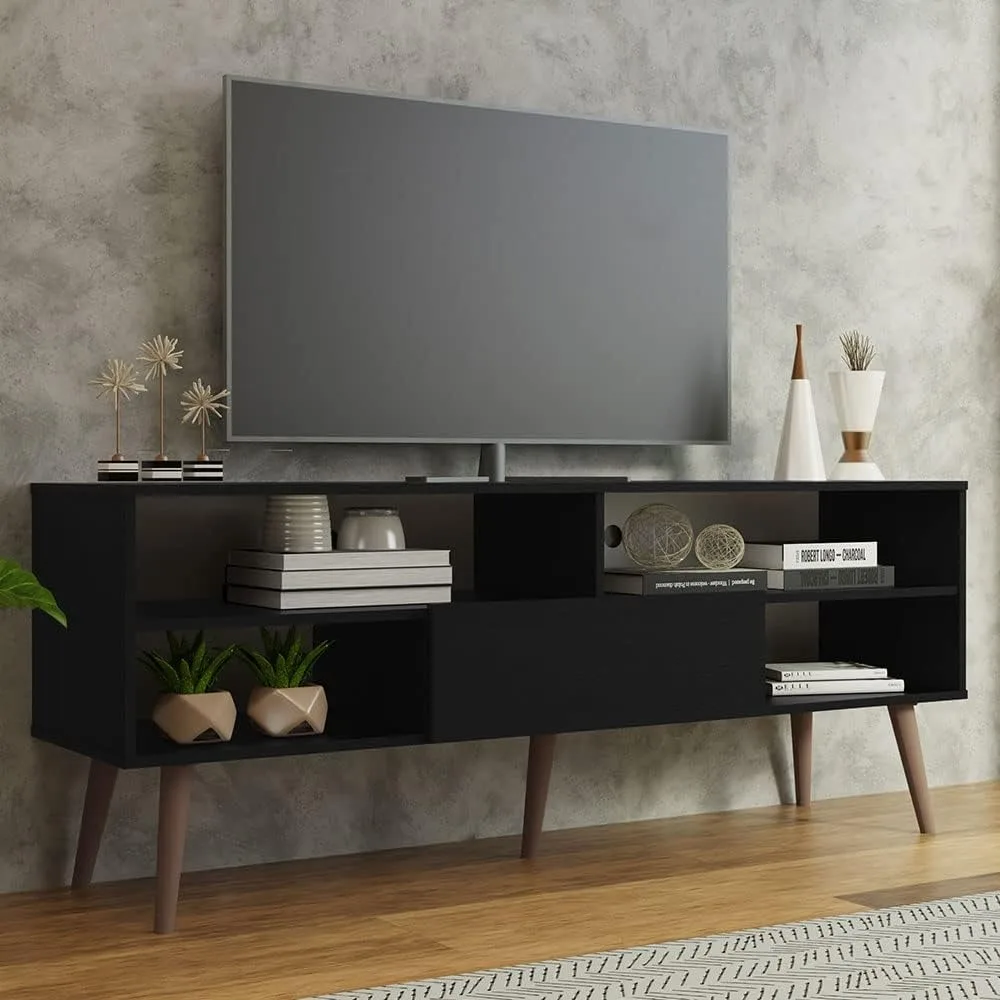 Modern TV Stand with 1 Door and 4 Shelves with Cable Management for 55, 65 Inch Media Storage Media Console Living Room a