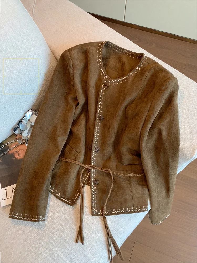 Retro Sle Splice Gamuza Jaet redondo Ne ex Primavera Otoño Cálido Faionable Vintage Bicolor Ropa de abrigo para hombres y mujeres