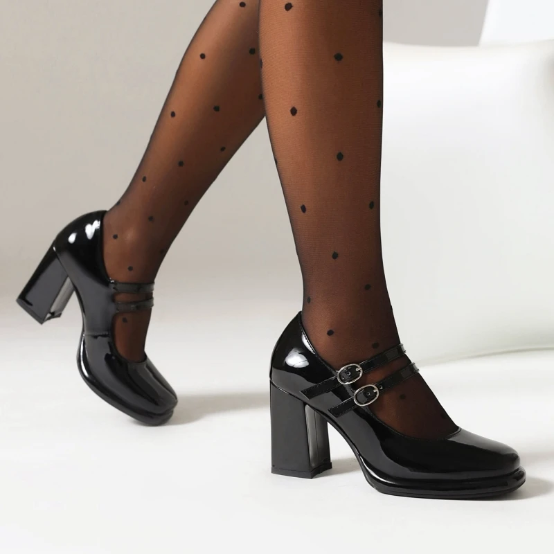 Women\'s Block High Heels Mary Janes Shoes 2025 Strap Dress Pumps Black White Block Heeled Wedding Office Shoes Female Large Size