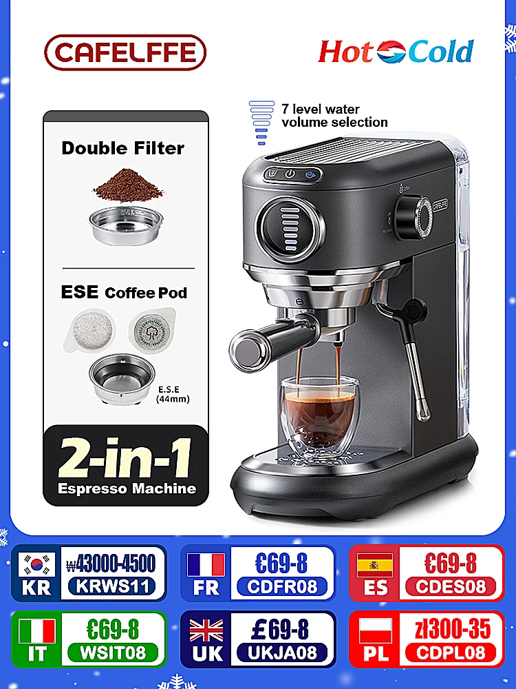 Cafelffe Coffee Maker 19Bar Inox Semi Automatic Super Slim ESE POD&Powder Espresso Cappuccino Machine Stainless Steel Cold/Hot