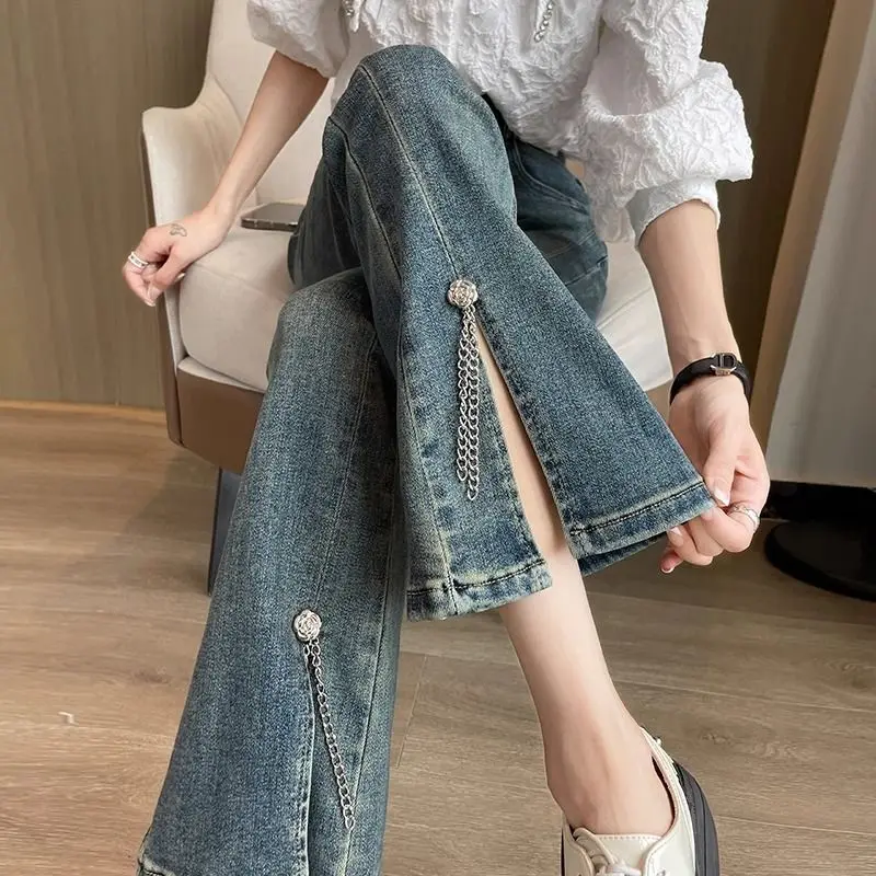 

Women's Spring Autumn New High-Waist Slim-Fit Flared Jeans Cropped Length Side Slit for Petite Stylish Fashion