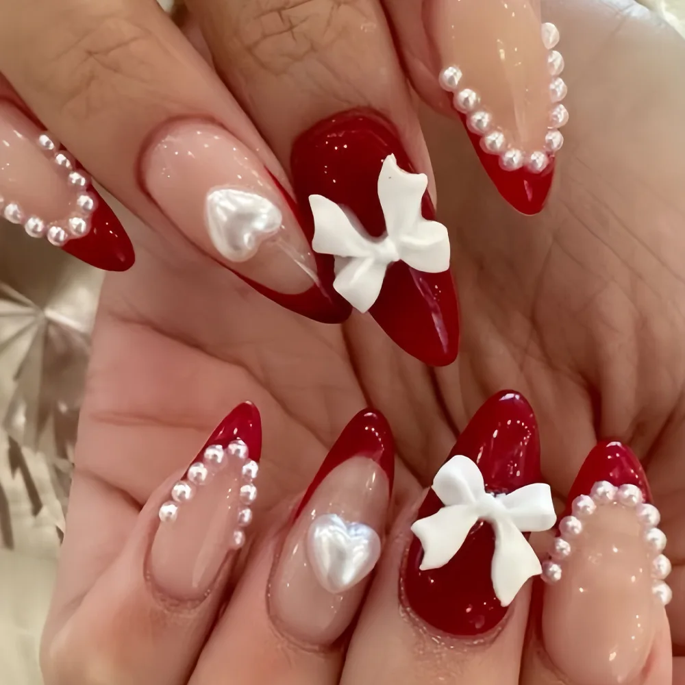 Faux ongles 3D pour femmes et filles, couleurs noir et rouge, design nœud papillon, cœur, perles, pour la Saint-Valentin, forme amande, faux ongles à presser