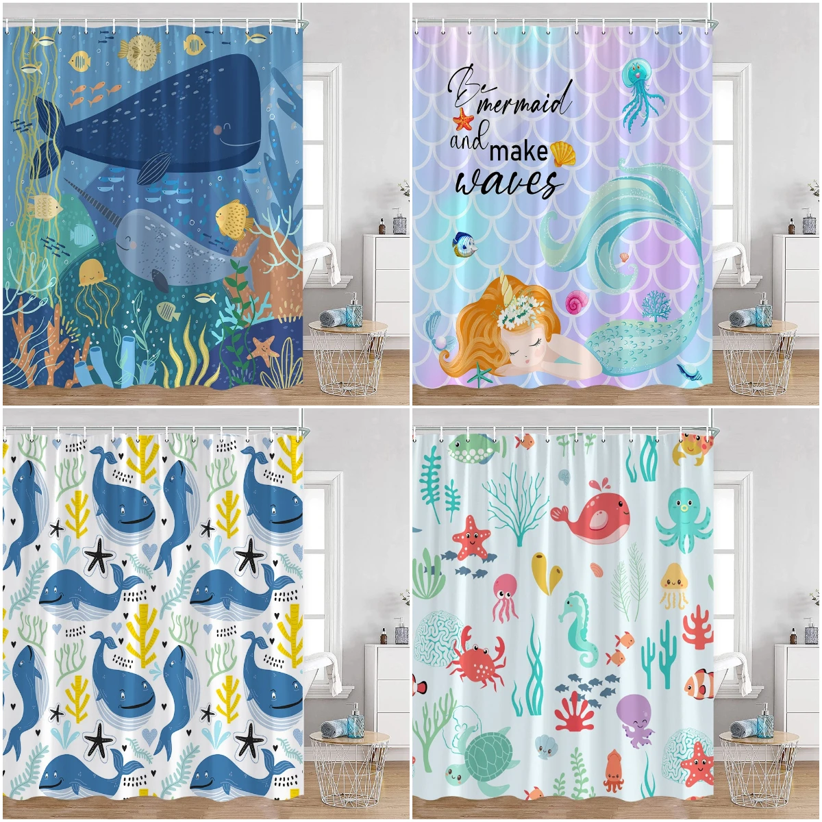 Cartoon Shower Curtains Ocean Animals Cute Whales Sharks Bathroom Curtai Kid Bath Decor Polyester Bathtub Decoration with Hooks