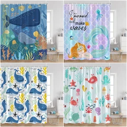 Cartoon Shower Curtains Ocean Animals Cute Whales Sharks Bathroom Curtai Kid Bath Decor Polyester Bathtub Decoration with Hooks