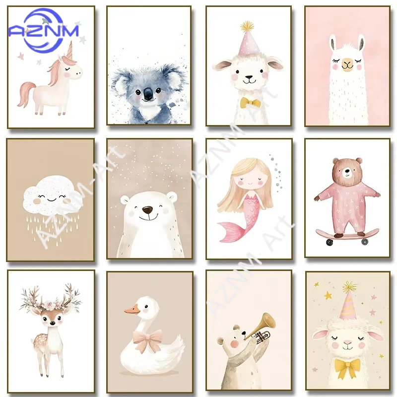 1PC ，Cute Watercolor Unicorn Mermaid Llama Goose Deer Bear Poster Canvas Painting Print for Kids Room Nursery Home Decoration