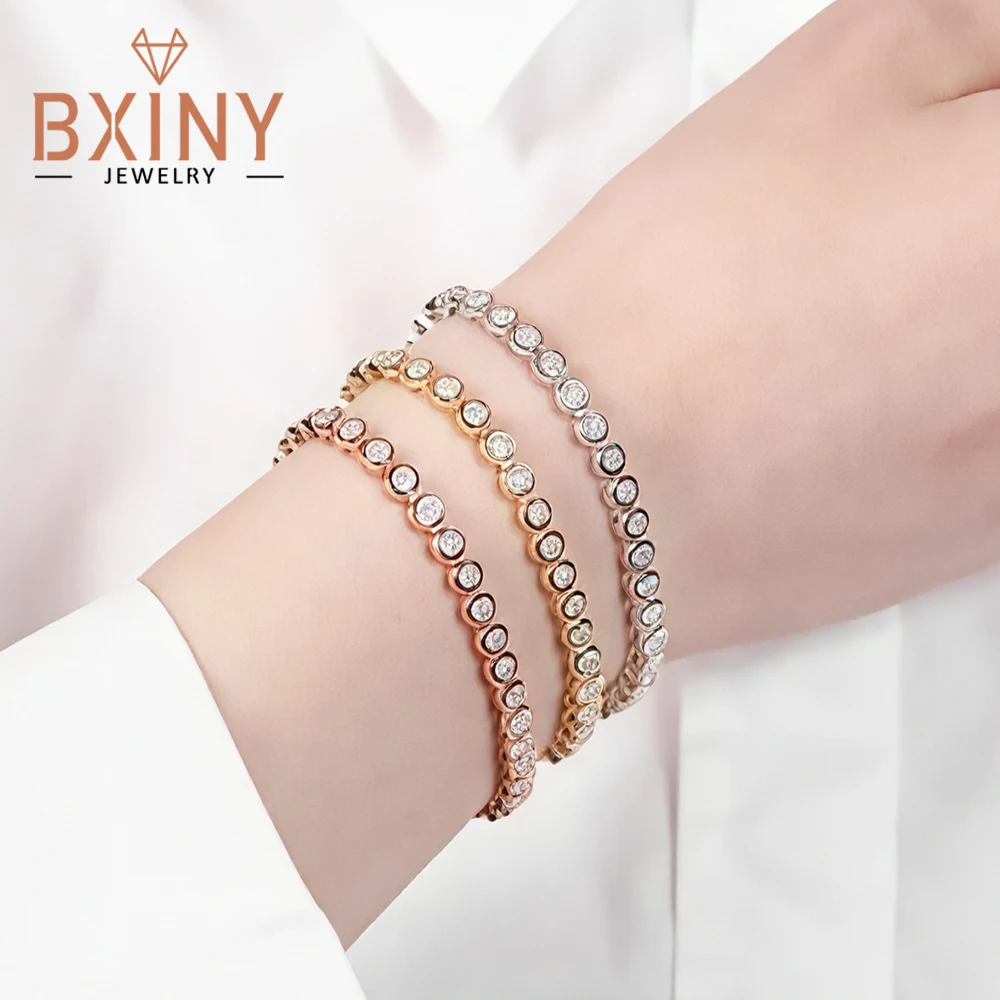 

BXINY 2/3mm Moissanite Tennis Bracelet S925 Silver 18K Gold Plate Round Bubble Diamond Hand Chain for Women Men Jewelry with GRA