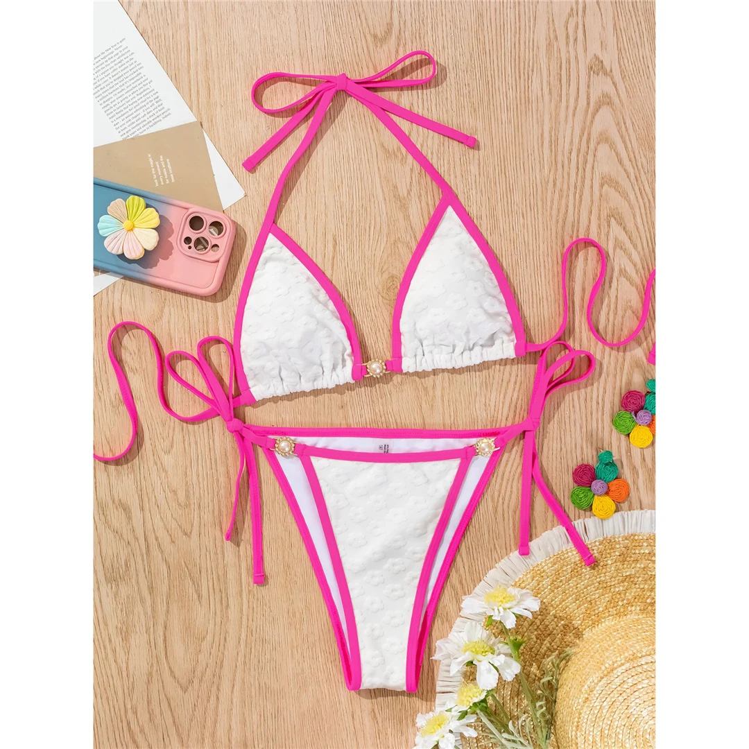 Neuer Bikini mit Perlen und Strasssteinen, halterloses Design, hoher Beinausschnitt, zweiteiliges Badeanzug-Set für Damen, Badebekleidung, Badeanzug, Badebekleidung, Modell V6381. – Detail 11