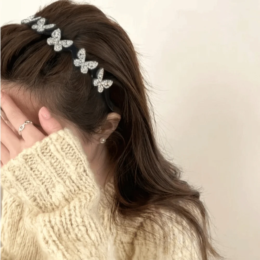 Elegant Non‑Slip Wave Teeth Headband Butterfly Embellishments Rhinestone Flower Broken Hair Arrangement Hairband High-End Design
