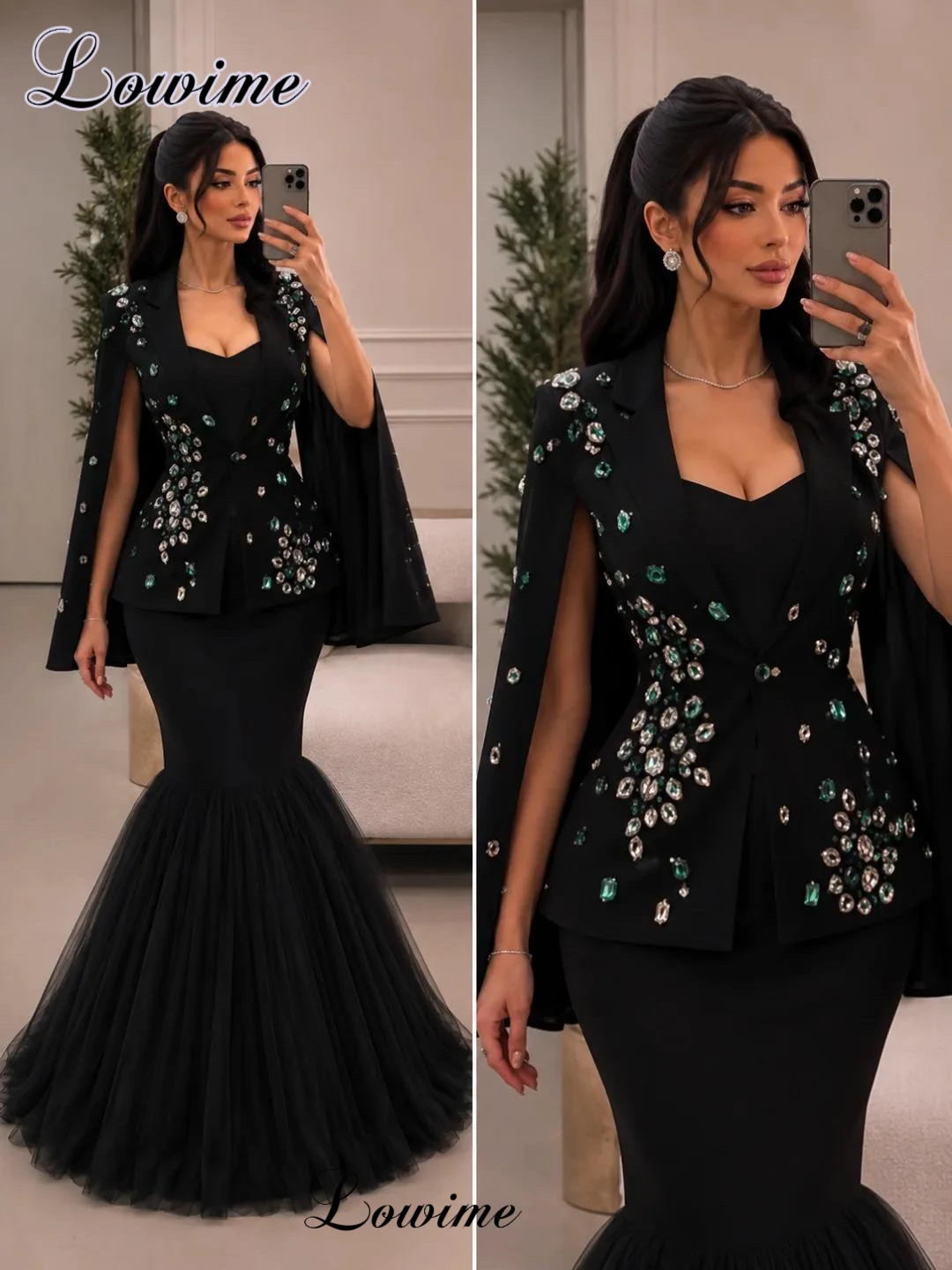 Haute Coutures Two Pieces Black Prom Dresses With The Jacket Women Celebrity Dresses Daily Wear Elegant Robe Femme Customized