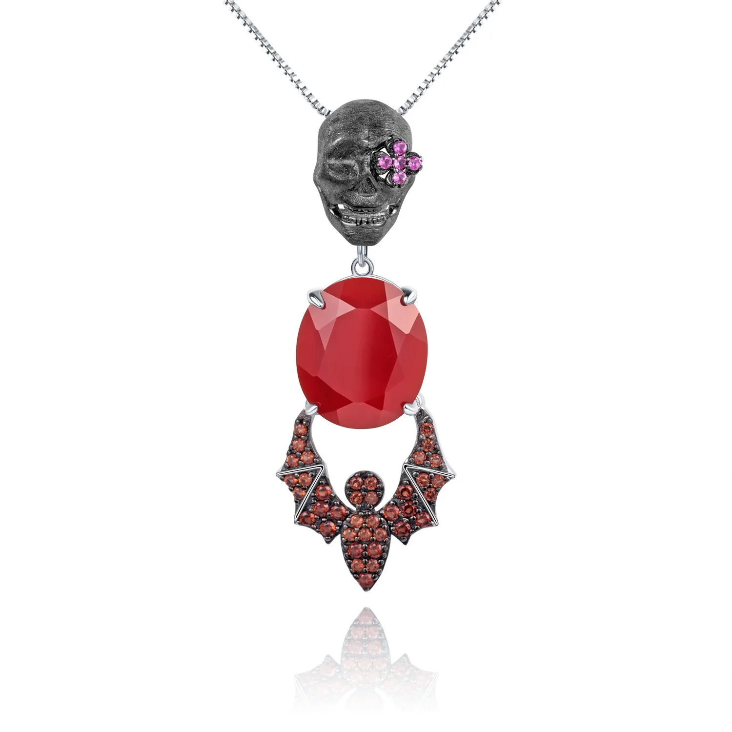 Luxury brand genuine real jewels Designer skull bat pendant dark series jewelry accessories 925 Silver Red Agate Necklace Pendan