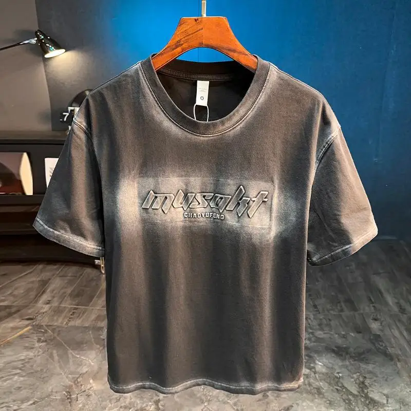 

2025 new heavyweight short sleeved T-shirt men's trendy retro outfit washed printed round neck men's top