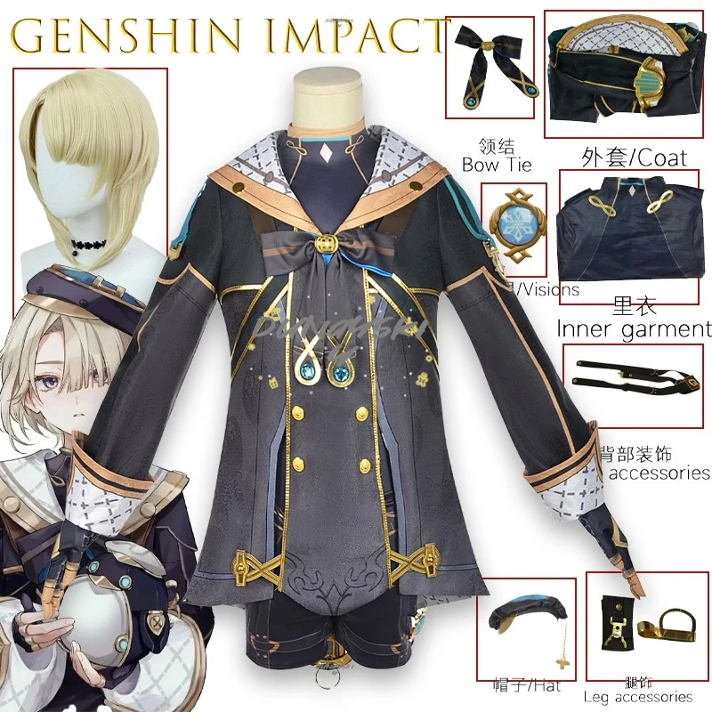 Freminet حكيم المثقوب تأثيري حلي Genshin تأثير فونتين الأزرق الداكن بدلة غطس Steampunk أنيمي لعبة