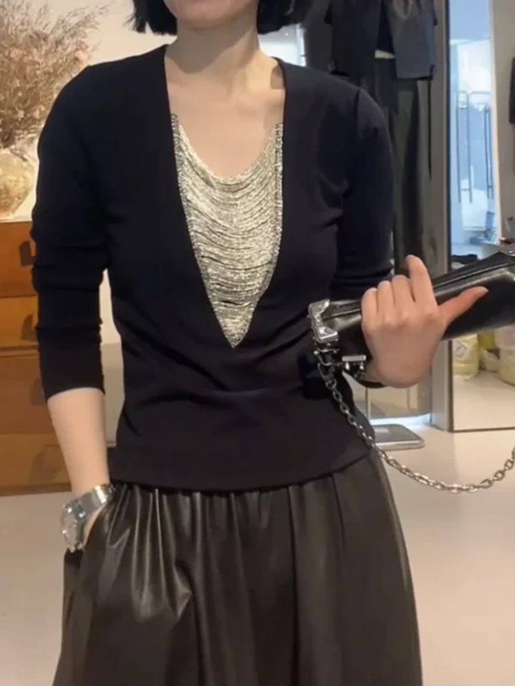 Maglia a Maniche Lunghe Slim Fit con Scollo a V per Donna, Strato Base Versatile e alla Moda, Nuovo Arrivo Autunnale Traspirante in Stile Coreano