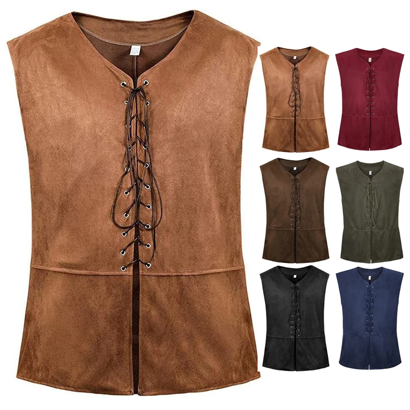 Chaleco Medieval de Pirata para Hombre 2026, de Cuero con Cordones, Estilo Renacentista, Color Marrón Vintage, Gótico Steampunk, Sin Mangas, Disfraz de Cosplay