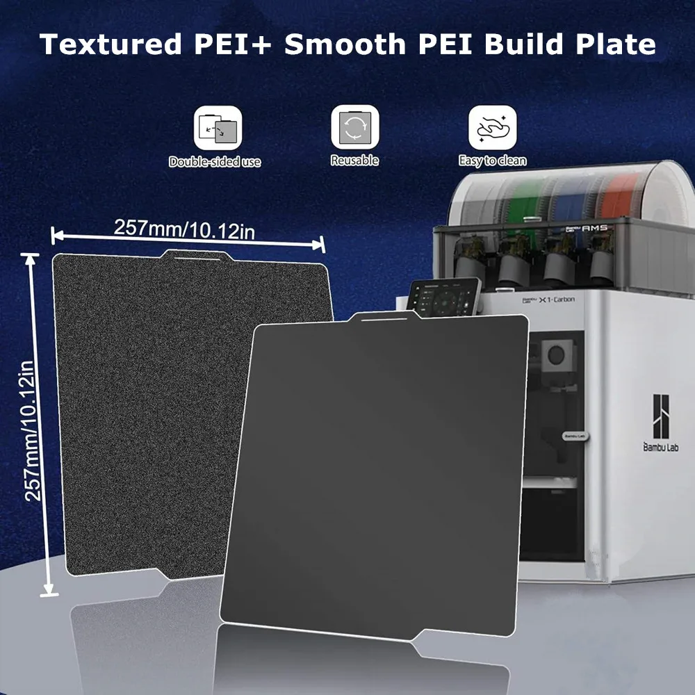 

Double Sided PEI Build Plate Black Smooth PEI+Textured PEI 257x257mm for Bambu Lab X1/X1C/X1E/P1P/P1S /A1 3D Printer Parts