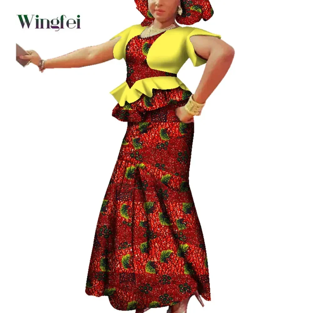 African Skirt and Top Set with Headwrap Ankara Fashion African Clothes for Women Dashiki Party Wedding Evening Clothing WY3699