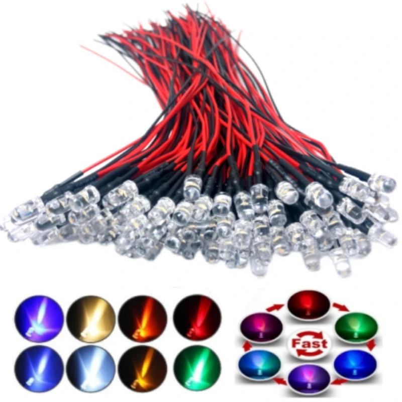 20pcs 5mm Round led diode DC5V-12V Pre-Wired Water Clear Light Emitting Diodes Red Green Blue White Yellow orange purple