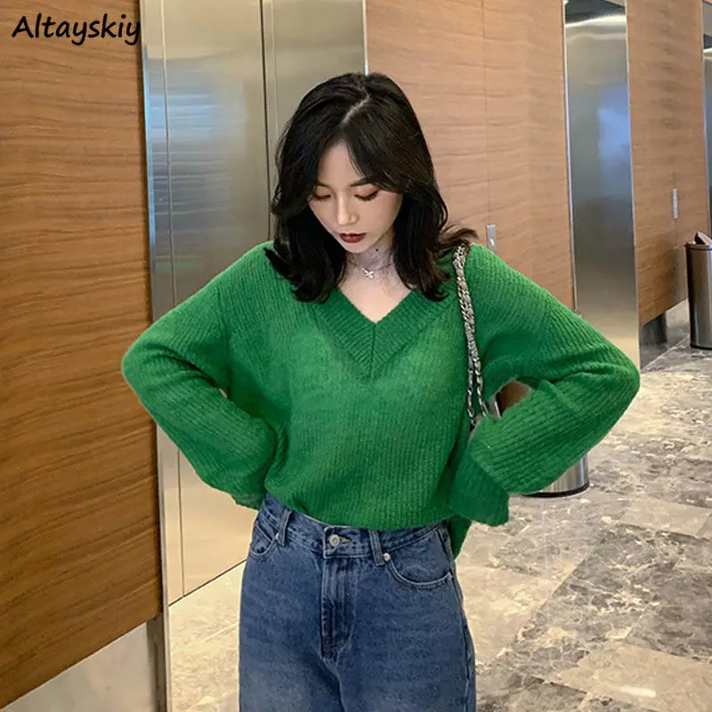 

Pullovers Women Sexy V-neck Hollow Out Knitted Spring Autumn Loose Harajuku Elegant Office Lady Streetwear All-match Fashion New