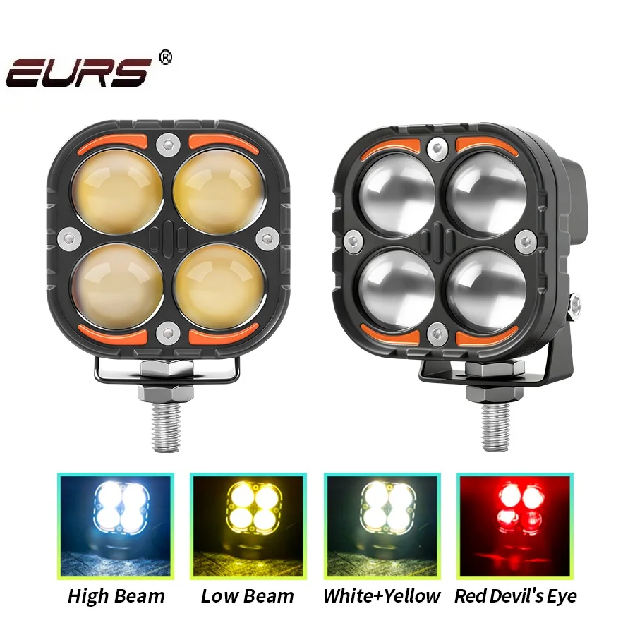 

2PCS 4 Lens Motorcycle LED Red Devil's Eye Spotlight White Yellow Flashing Headlight Fog Light Aluminum Universal Driving Light