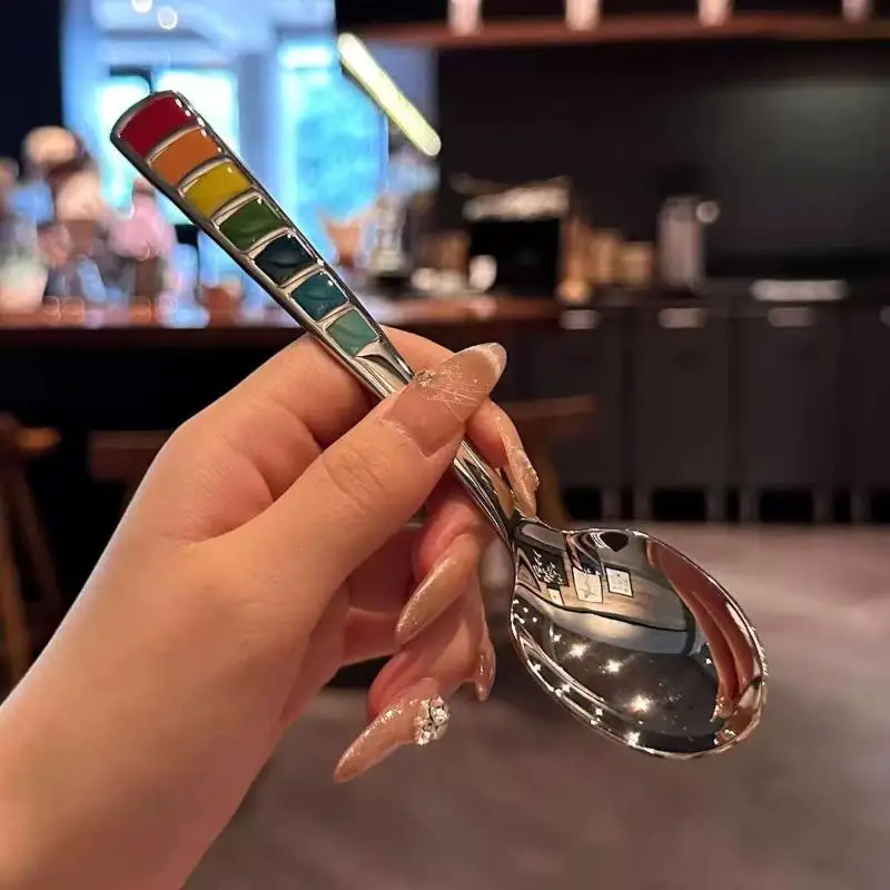 2Pcs Macaron-Colored Stainless Steel Dessert Spoons High-Aesthetic Colorful Enamel Spoons For Home Kids Picnics & Bento^..