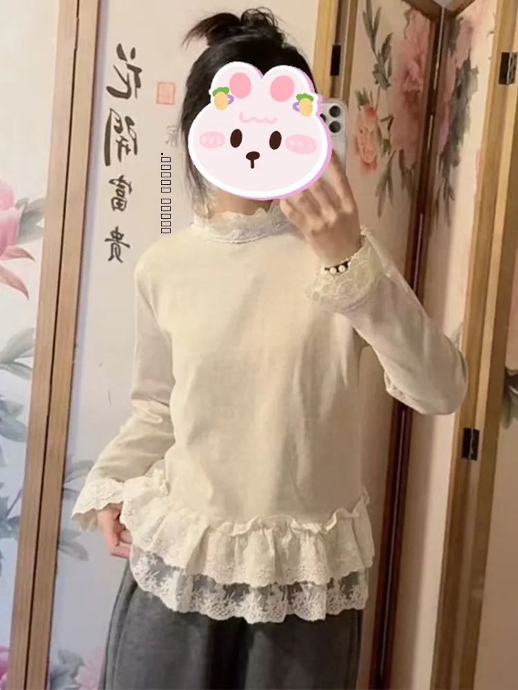 تي شيرت نسائي كوري بياقة عالية وتصميم دانتيل، فضفاض ونحيف، تصميم جديد للشتاء، مناسب للارتداء اليومي والكاجوال