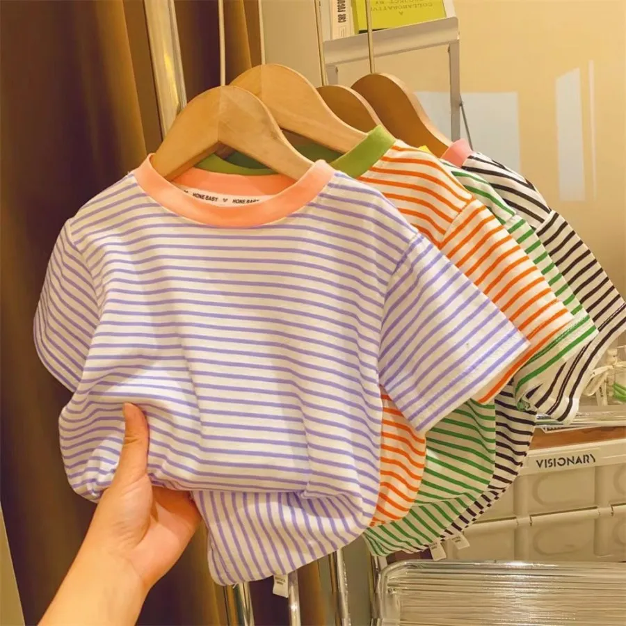 

2024 Summer New Striped T-Shirt Children's Short-Sleeved Boys and Girls Baby Thin Section Half-Sleeved Shirt Casual Wear Clothes