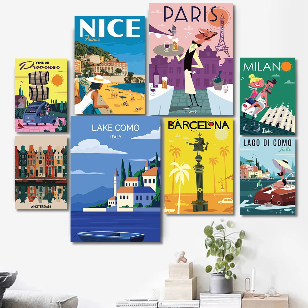 Póster de viaje de París, Provenza, Santorini, Rusia, Ámsterdam, Francia, pintura en lienzo impresa para decoración del hogar, Cuadros