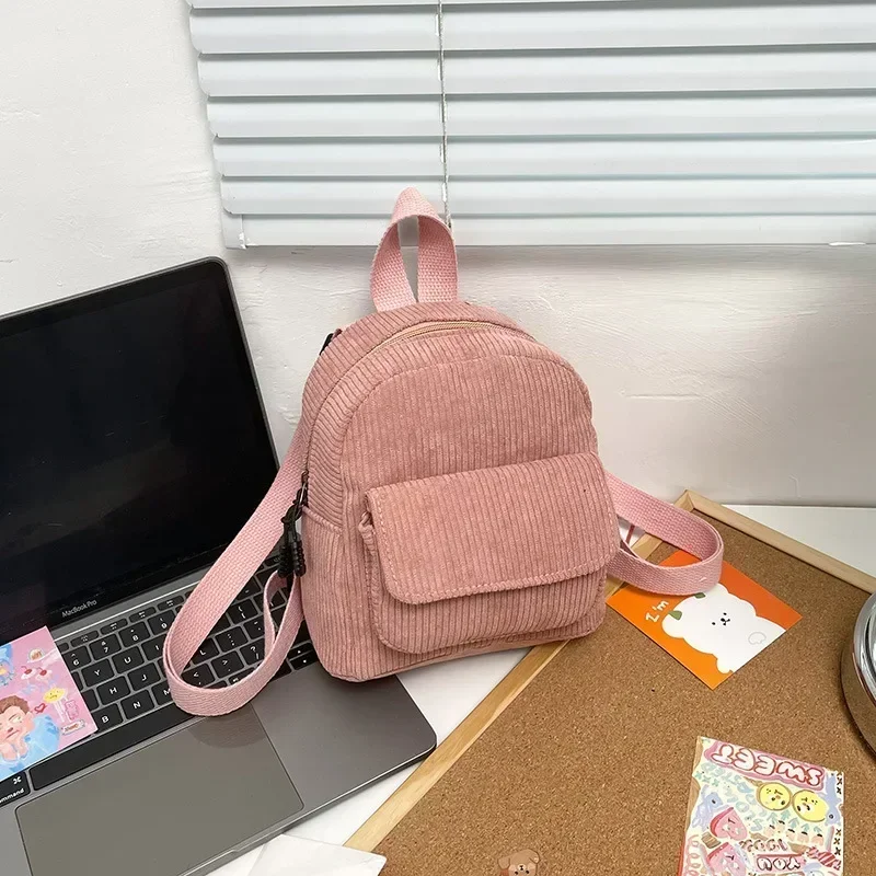 New Fashion Women Mini Backpack Solid Color Corduroy Small Backpacks Simple Casual Student Bookbags Traveling Backpacks