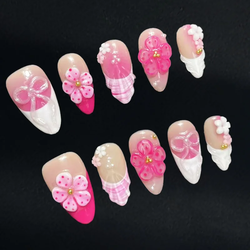 10pcs Pink Almond Handmade False Nails Sweet Rhinestone Lightstar Stick on Nail Tip Finished Press on Nails Art Purple Fake Nail