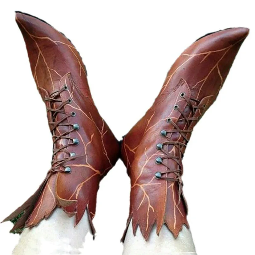 .Men's And Women's Fairy Cosplay Retro Shoes Imitation Leather Medieval Costume Props Gothic Elf Witch Boots Tree Elf Leaf Boots