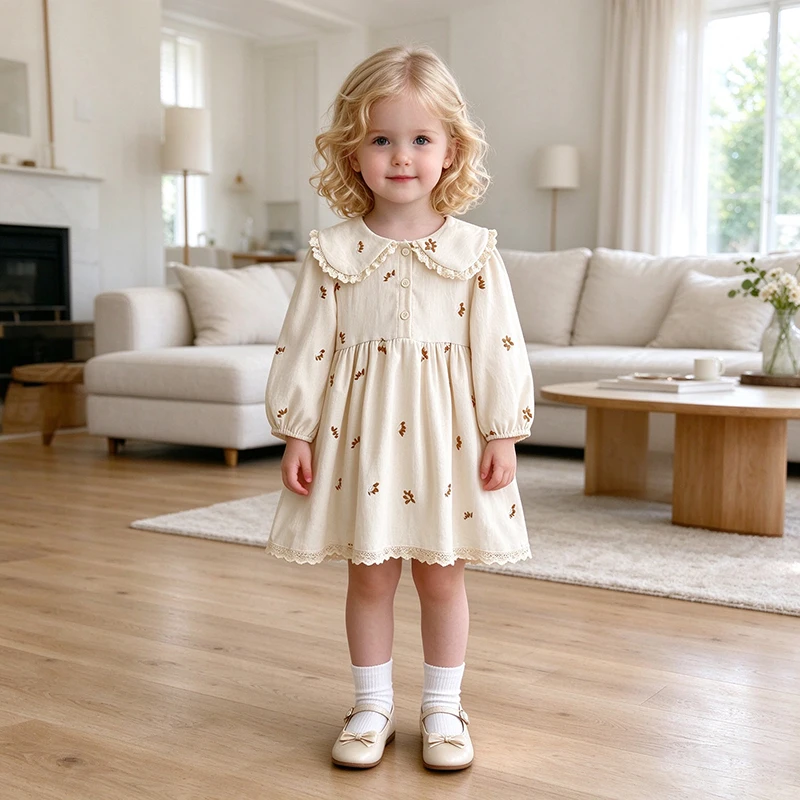 2026 Baby-Mädchen-Kleid mit langen Ärmeln, koreanischer Stil, Kragen, Spitze, Blumenstickerei, Baumwolle, Kleinkind-Prinzessinnenkleid, Herbst-Kinderkleidung – Detail 14