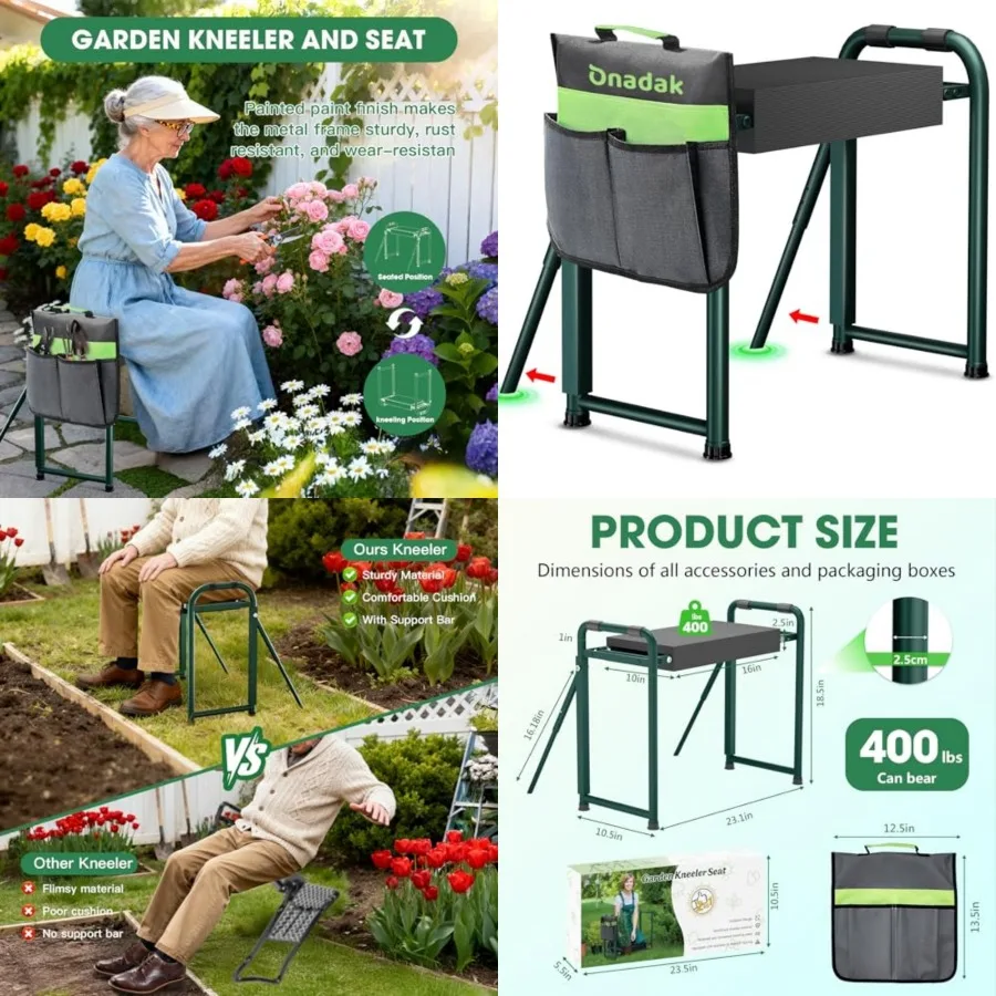 

Heavy Duty Garden Kneeler and Seat with Support Legs, 400lbs Capacity Foldable Gardening Stool, Extra Thick Pad and Large Tool