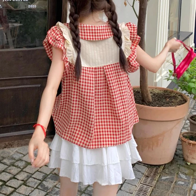 Women Trendy Vintage Plaid Print Patchwork Ruffles Blouses Summer Sweet Kawaii Chic Short Sleeve Shirts Female Casual Loose Tops