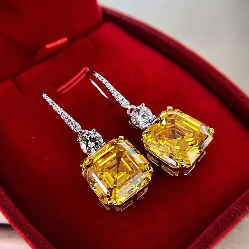 New Simple and Elegant Square Cubic Zirconia Earrings Bling Yellow CZ Dangle  Luxury Women Wedding Engagement Jewelry