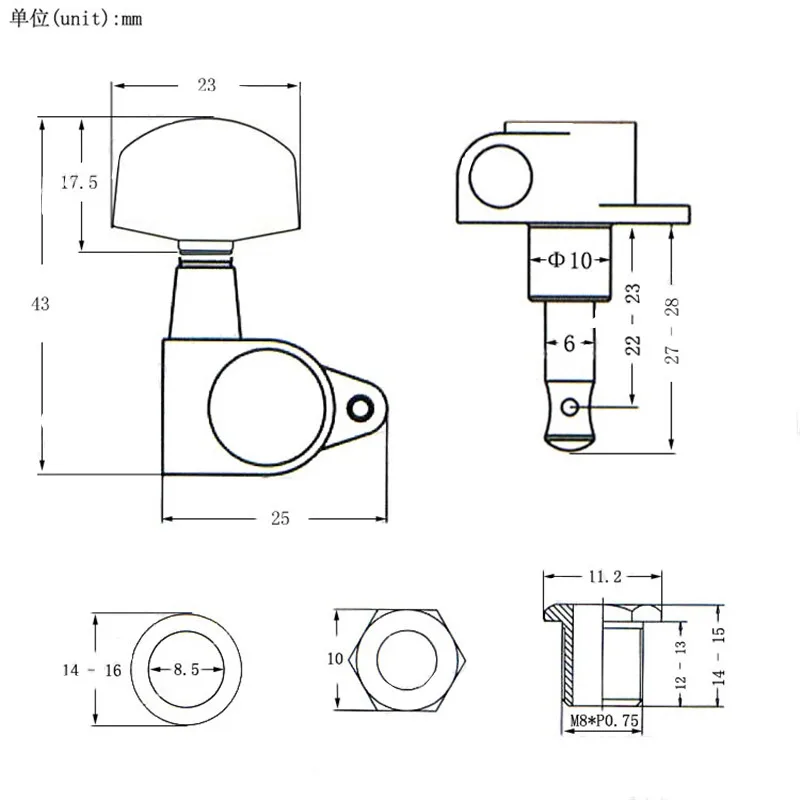 Ein Satz verchromte versiegelte Getriebe-Stimmwirbel, Mechaniken für Gitarrenzubehör, Teil mit schwarzem, großem, quadratischem Holztexturknopf – Detail 12