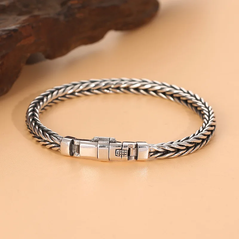 S925 sterling silver handcrafted woven bracelet for couples, retro Thai silver personalized niche light luxury silver jewelry te