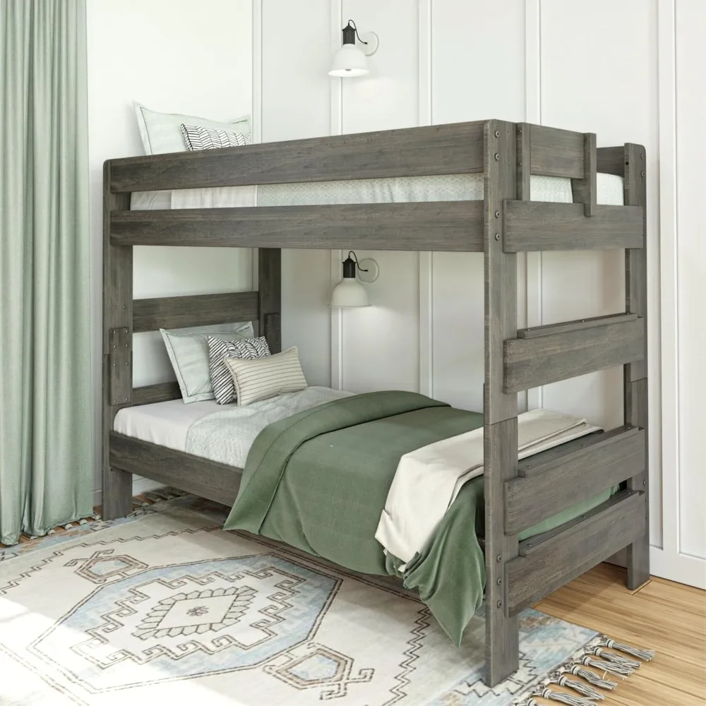 

Children Beds, Twin-Over-Twin Bed Frame for Kids, Solid Wood Bunk Bed for Kids, No Box Spring Needed, Driftwood, Sturdy & Stable
