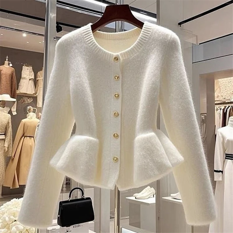 الراقية أنيقة سترة بيضاء معطف المرأة الخريف الشتاء تصميم الخصر النحيف كشكش سترة متماسكة الحلو س الرقبة الصوف تريكو أساسيات #2