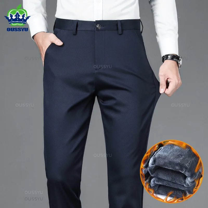 

Brand Clothing Winter Warm Fleece Men's Suit Pants Cotton Business Thick Work Korea Casual Flocking Trousers Male Oversized 40