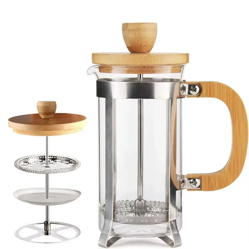 

Premium stainless steel coffee press with glass bottle and heat-resistant handle