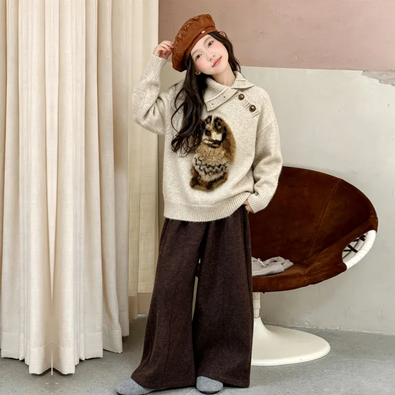 Girls Sweater Lapel Collar Autumn Cute Children Knit Tops 2026 Soft Warm