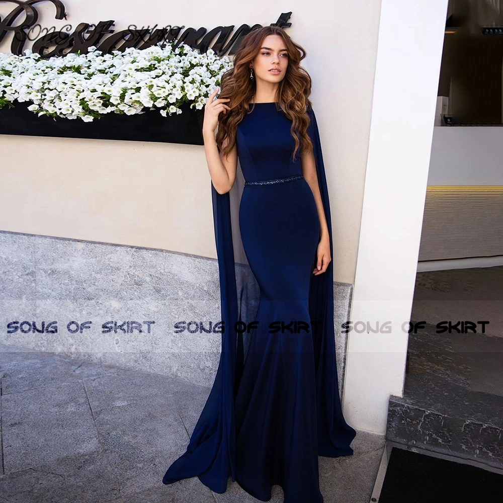 

Dark Blue Mermaid Evening Dresses Chiffon Raglan Tail Birthday Party Gowns Customer Made Formal Dress Robe De Soirée Femme