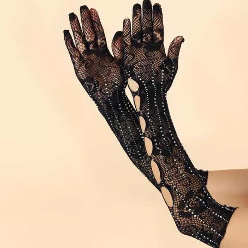 Black Sparkling Long Fish Net Gloves Gothic Sun Protection Gloves Opera Evening Party Prom Costume Fashion Clothing Accessories