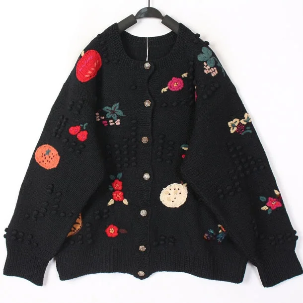 

Sweet Ethnic Style Vintage Hooked Wool Sweater Overcoat Loose Fit Cardigan Women's Warm Thick Long Sleeve round Neck Top
