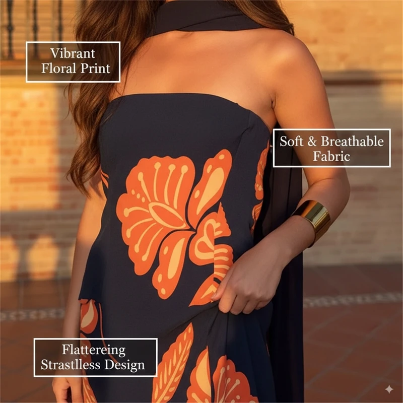 فستان طويل بدون حمالات بطبعة زهور للنساء، مقاس نحيف، طراز أنبوبي للإجازات - مظهر جزيرة الصيف