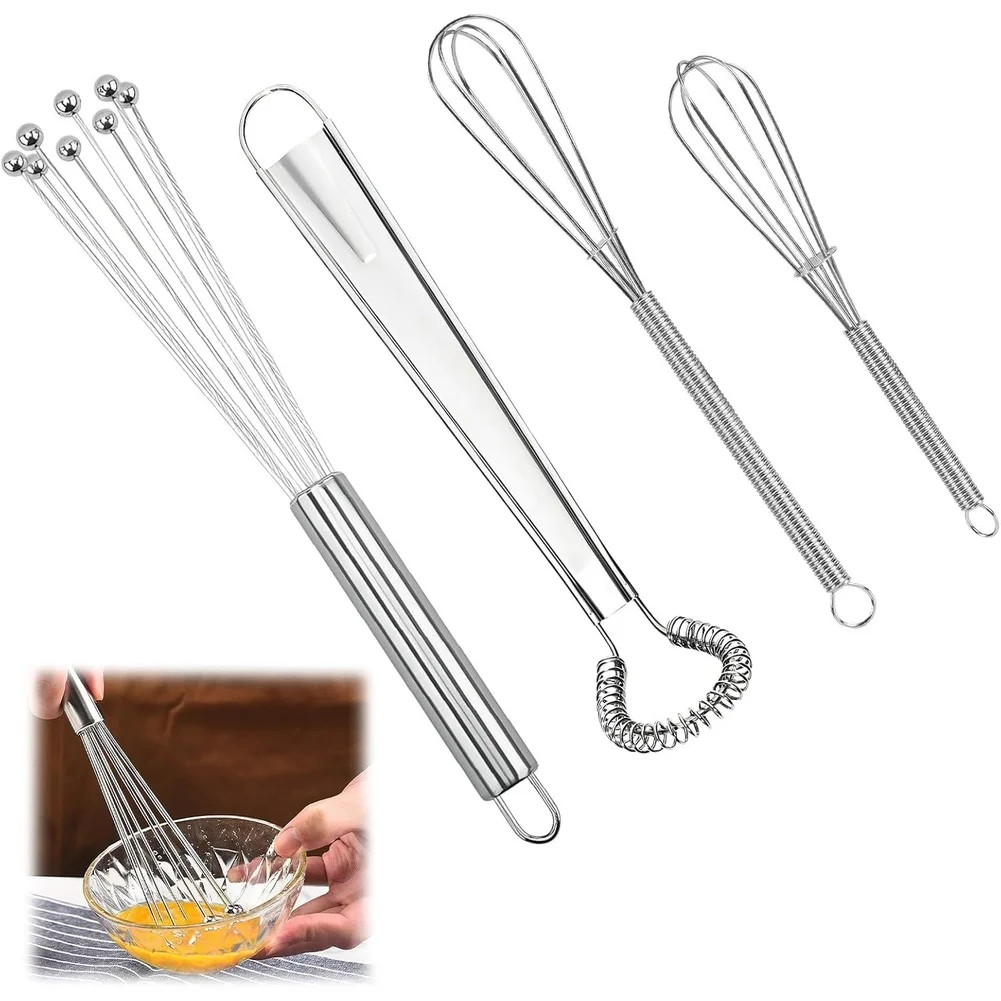 Effortless press action egg beater set of 4 made from stainless steel for long term durability in food preparation tasks