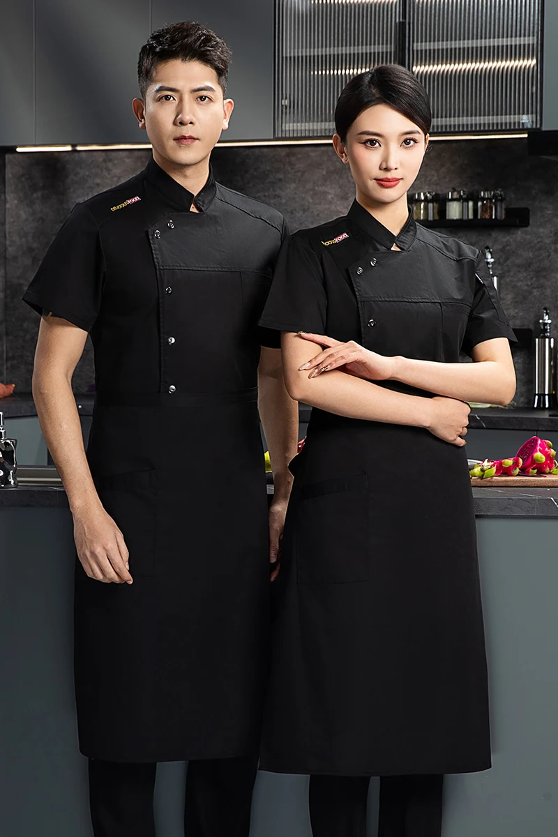 Sommer schwarz Männer Kurzarm Uniform Kochjacke Kochmantel Schürze Arbeitskleidung Logo Kochshorts Atmungsaktiv Restaurant Küche